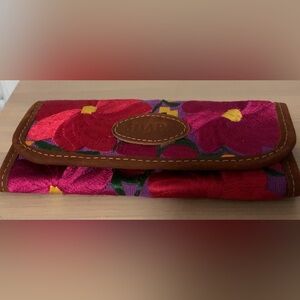 Multi-Color Chiapas Embroidery and Leather Coral Wallet